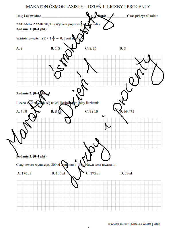 Maraton ósmoklasisty - Dzień 1 - Liczby i procenty + odpowiedzi