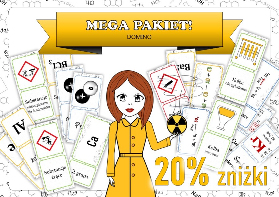 Klasa 7. Chemia. Gra dydaktyczna. Domino na każdą okazję od Pani Atomówki. MEGA PAKIET! MOC powtórki.