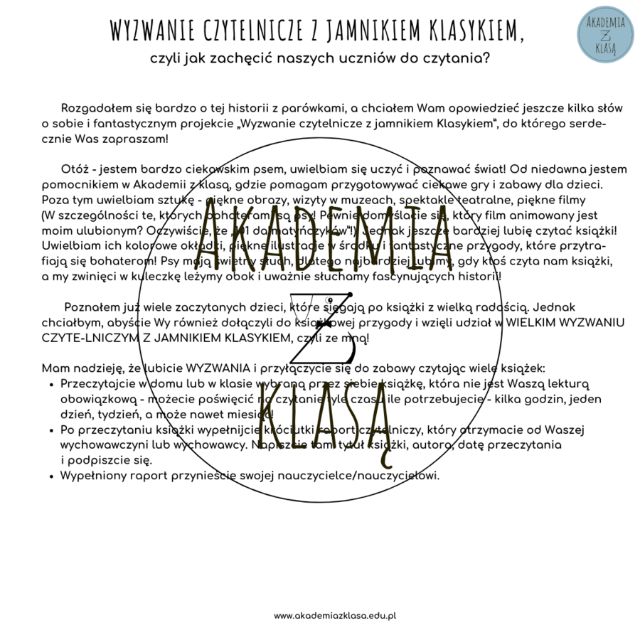WYZWANIE CZYTELNICZE Z JAMNIKIEM KLASYKIEM na rok szkolny 2025/2026