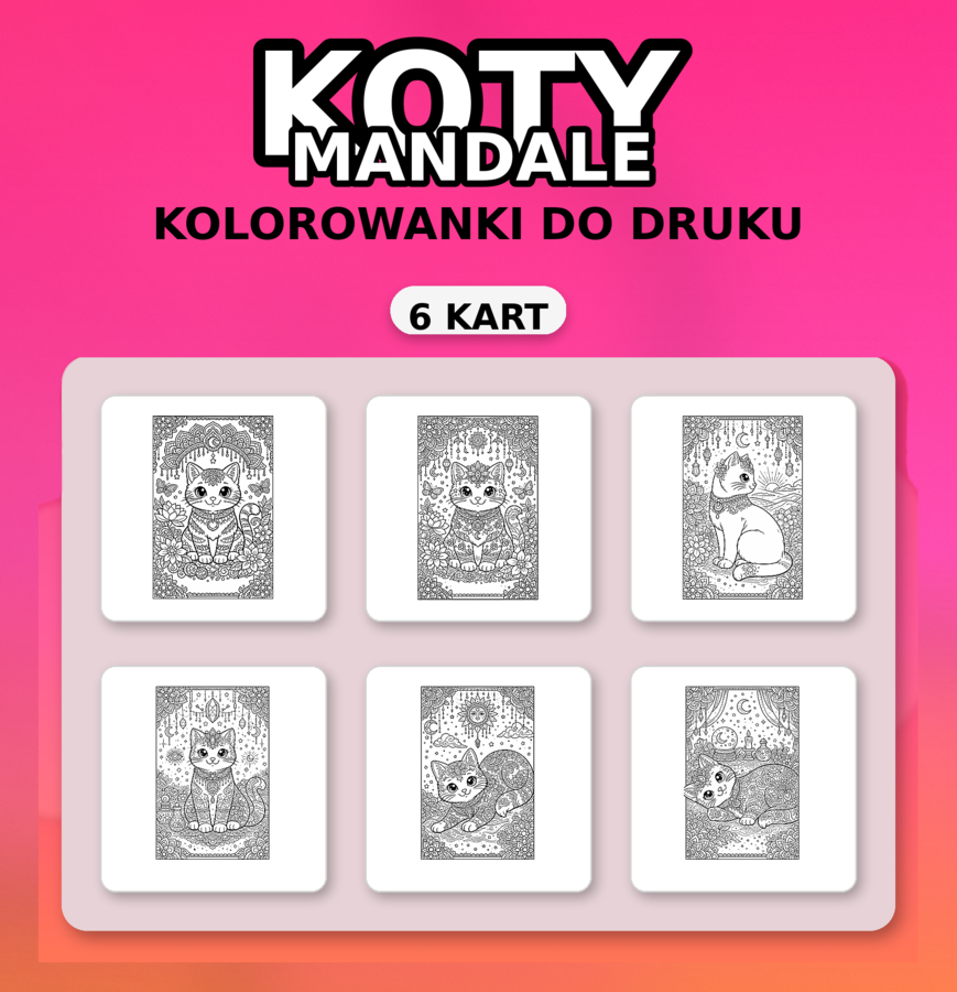 Dzień Kota: koty mandale – kolorowanki A4 (6 stron) – PDF
