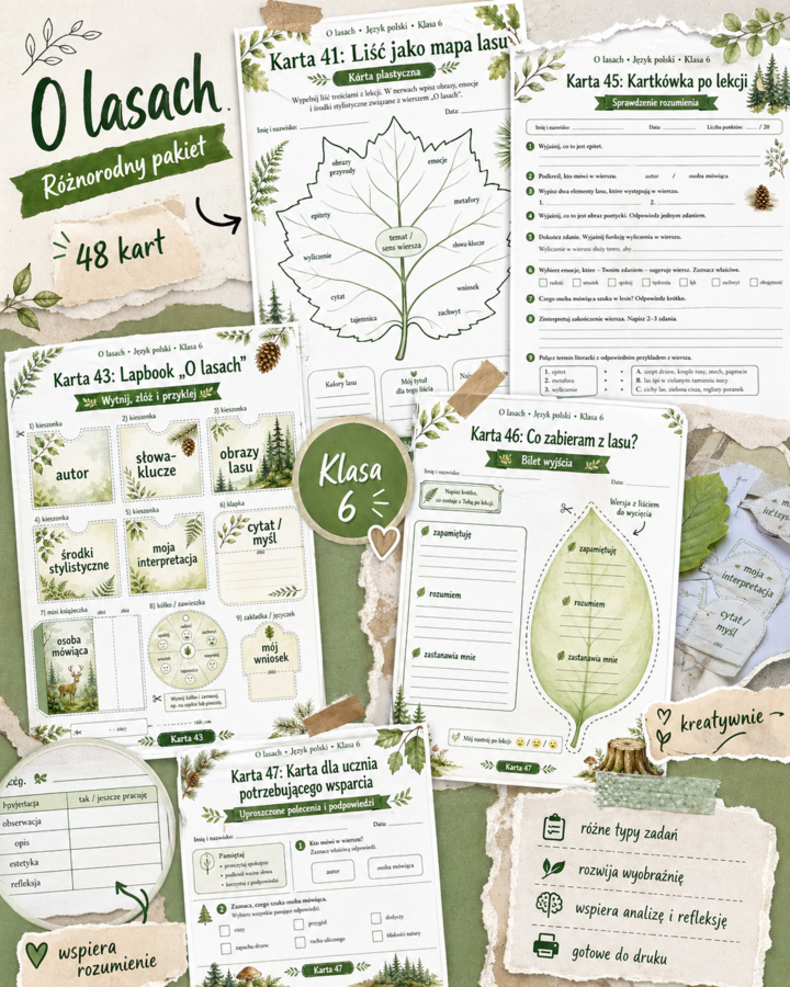 "O lasach", ks. Jan Twardowski. Pakiet kart pracy. [48 kart]