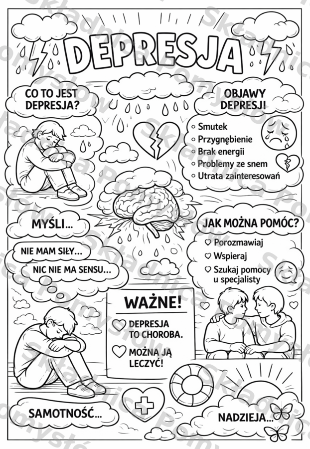 DEPRESJA - plakat edukacyjny/kolorowanka do druku (pakiet: A4, 4xA4, 9xA4); gazetka, dekoracja, lekcja wychowawcza, edukacja zdrowotna