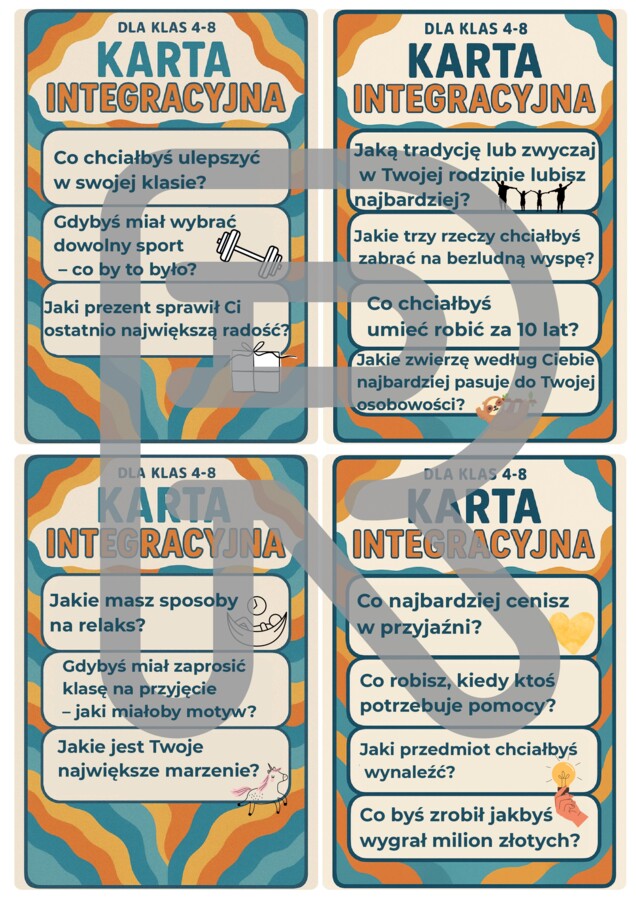 Karty integracyjne – zestaw 20 sztuk (73 pytania) (łamacz lodów)- TUS, rewalidacja, zajęcia rozwijające kompetencje emocjonalno-społeczne, godzina wychowawcza, psycholog, pedagog, terapia