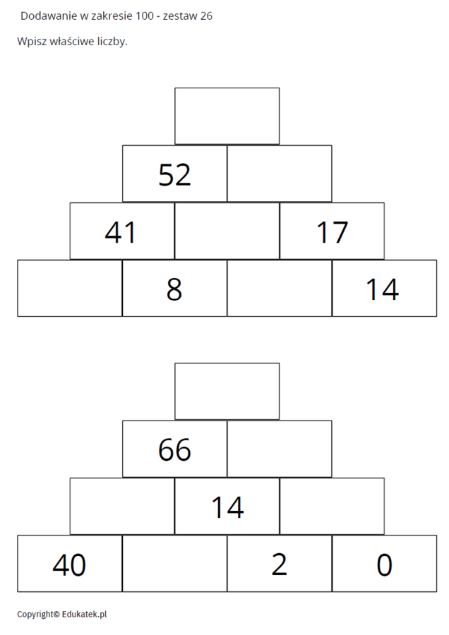 Matematyczne piramidy - doskonalenie dodawania w zakresie 100