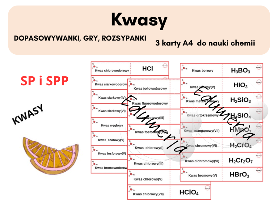 Chemiczna rozsypanka, dopasowywanka - KWASY - 24 przykłady