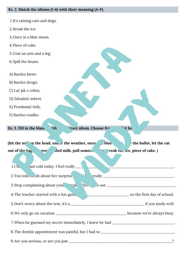 Najpopularniejsze angielskie idiomy – Karta pracy dla uczniów, Ćwiczenia zwrotów - język angielski, (poziom A2, szkoła podstawowa), PDF do druku