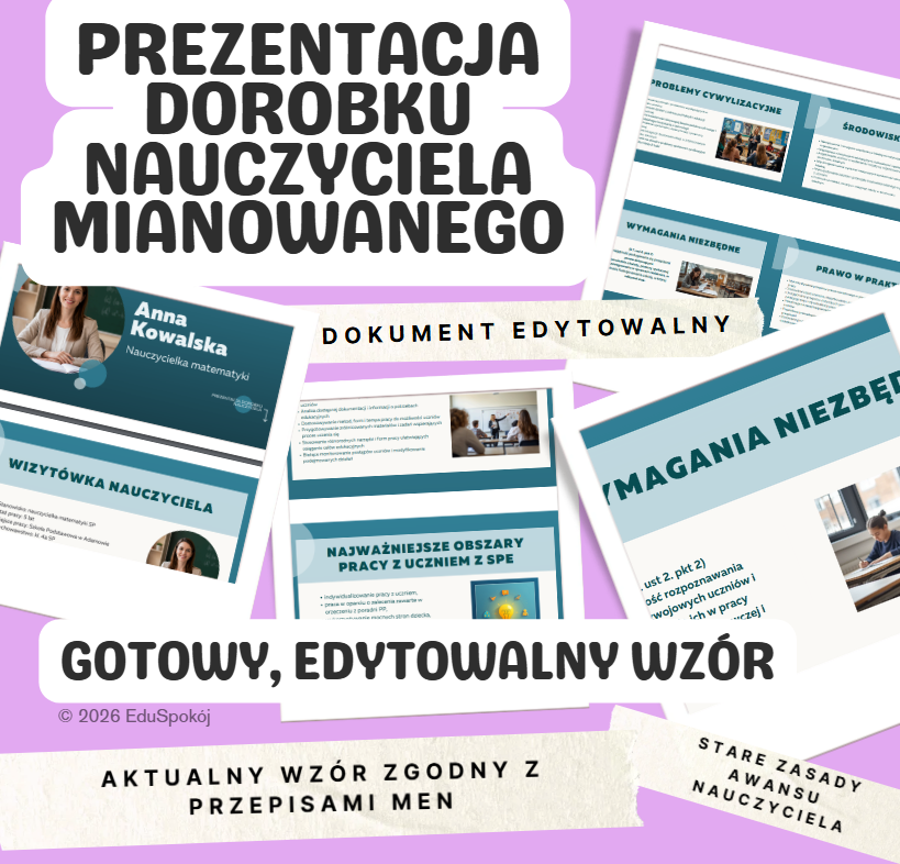 Prezentacja na awans zawodowy: Gotowy, w pełni edytowalny wzór dla nauczyciela mianowanego (PPTX)