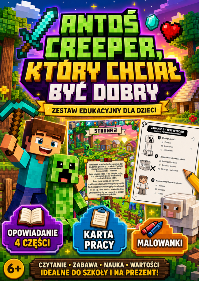 „Antoś – dobry creeper. Opowiadanie + karty pracy + kolorowanki (Minecraft)”