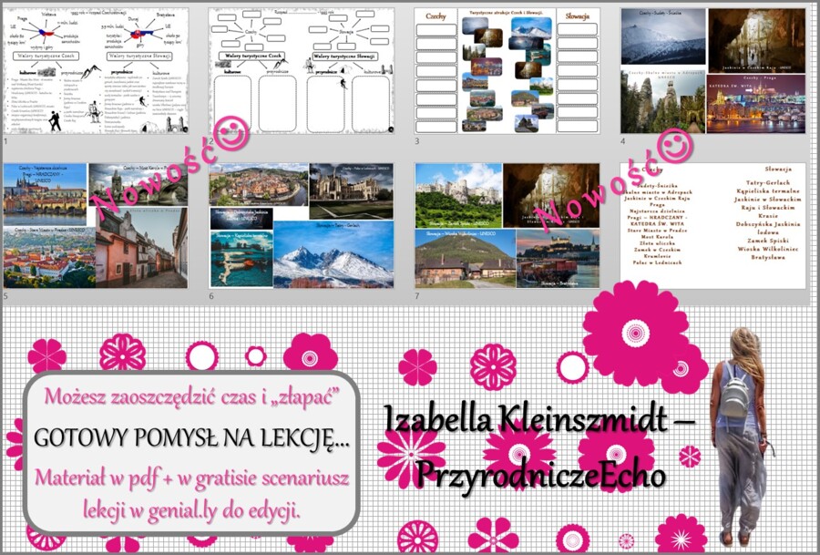 Pomysł na lekcję/karta pracy/stacje zadaniowe/notatki/ materiał do lekcji do tematu „Turystyczne atrakcje Czech i Słowacji” w pdf. W gratisie niekomercyjny scenariusz lekcji/pomysł na lekcję w programie genial.ly do edycji. Geografia 6. Dział „Sąsiedzi P