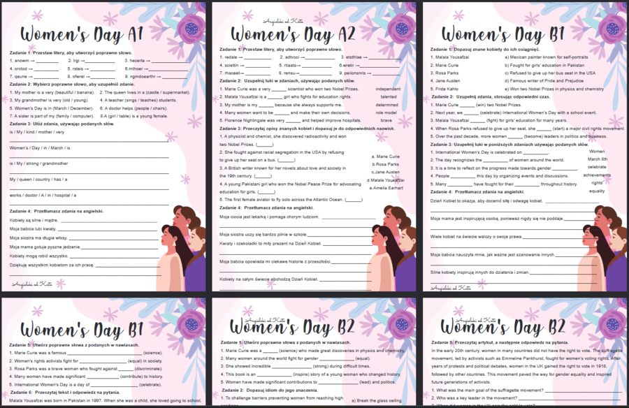 Women's Day (Dzień Kobiet) Worksheet Karty Pracy język angielski zestaw poziomy A1 – B2