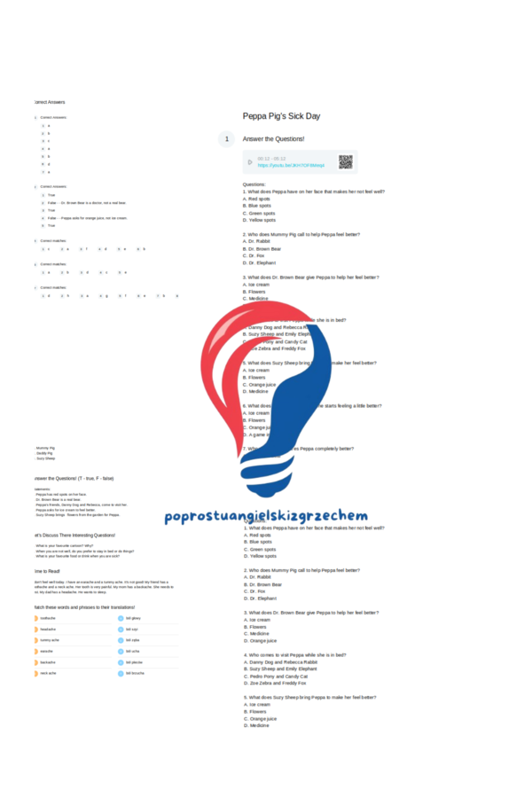 Bugs Team 2 – Unit 4 – karta pracy - choroby/części ciała - Peppa Pig's Sick Day