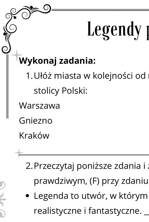 Legendy polskie i dawne stolice Polski - karty pracy i krótki tekst ze zrozumieniem