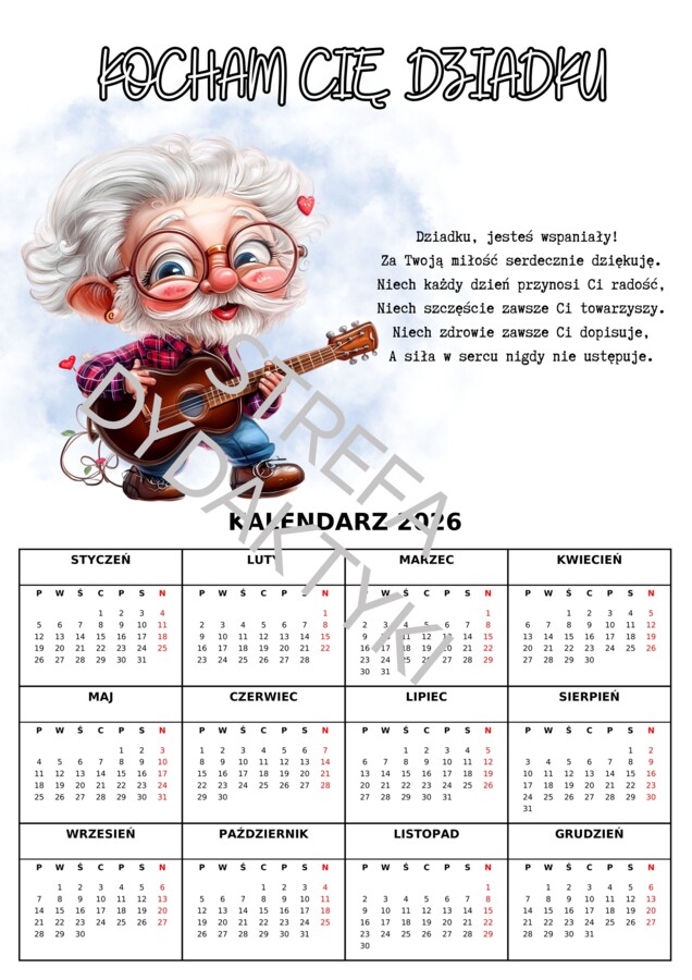 DZIEŃ BABCI I DZIADKA - kalendarz 2026 (33 wzory)