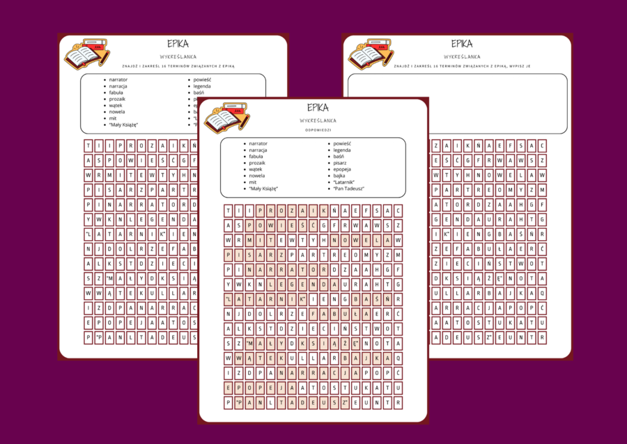 EPIKA - LIRYKA - DRAMAT - wykreślanka - karta pracy - powtórka - egzamin - RODZAJE LITERACKIE - zestaw