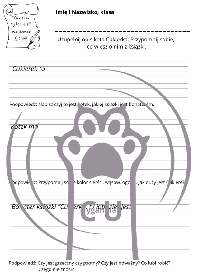 Karty Pracy z odpowiedziami do lektury „Cukierku, ty łobuzie!” Waldemara Cichonia