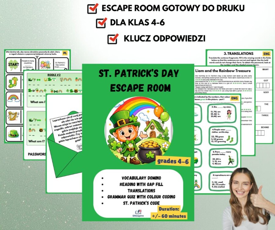 Escape Room St. Patrick’s Day – język angielski kl. 4–6 (40 stron + klucz)