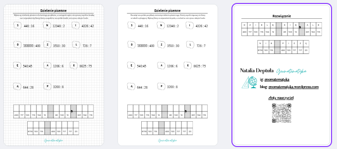 Dzielenie pisemne - kodowana karta pracy