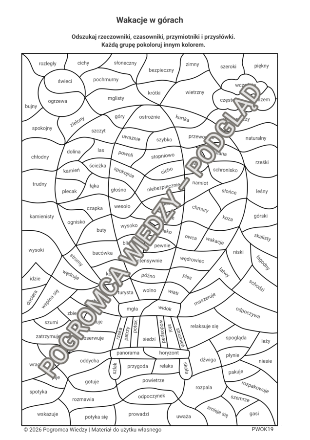 Wakacyjne części mowy - zestaw kart pracy + klucz odpowiedzi