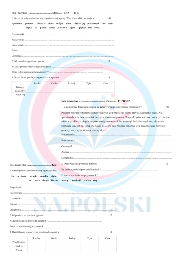 Kartkówka z odmiennych części mowy - Grupa A, B oraz poprawa