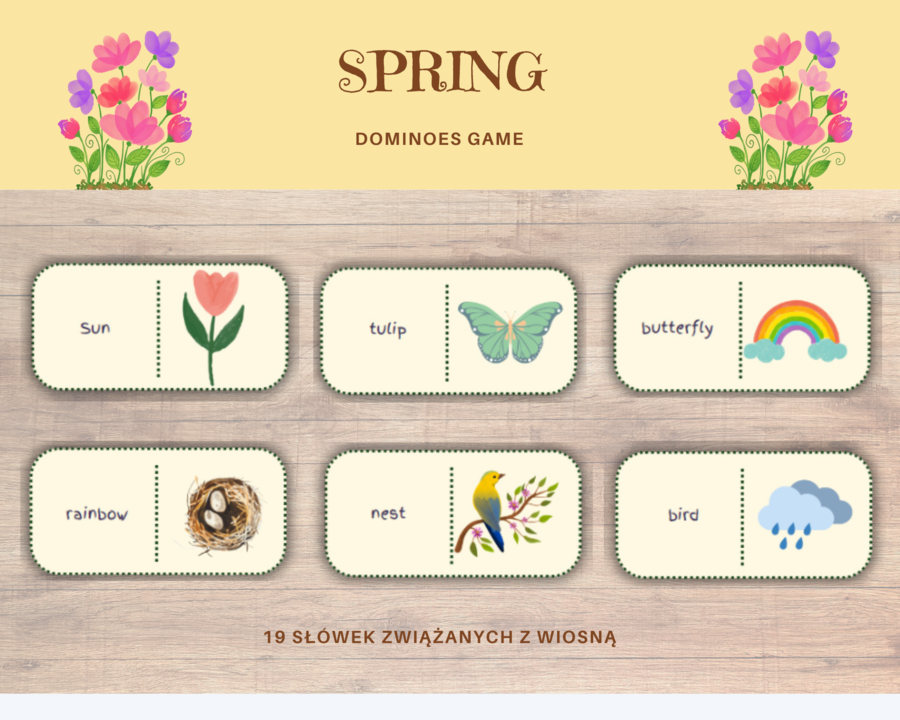 Spring Domino - wiosenne domino do nauki słów związanych z wiosną, język angielski