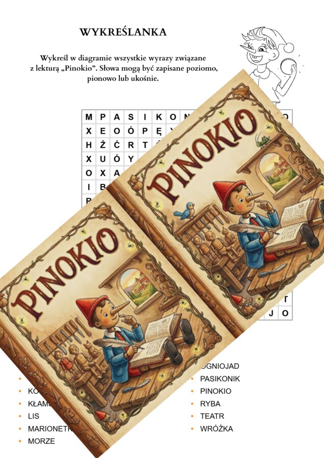 Wykreślanka „Pinokio” – szybkie, angażujące utrwalenie lektury