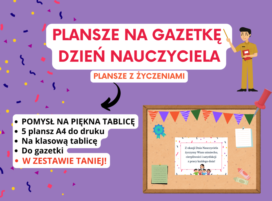 💐 Plansze z życzeniami na gazetkę szkolną z okazji Dnia Nauczyciela (5 plansz A4), szkoła podstawowa, świetlica, godzina wychowawcza