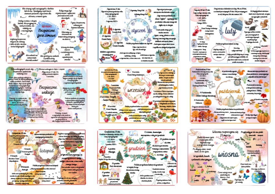 Miesiące + 4 pory roku + bezpieczne wakacje i ferie zimowe