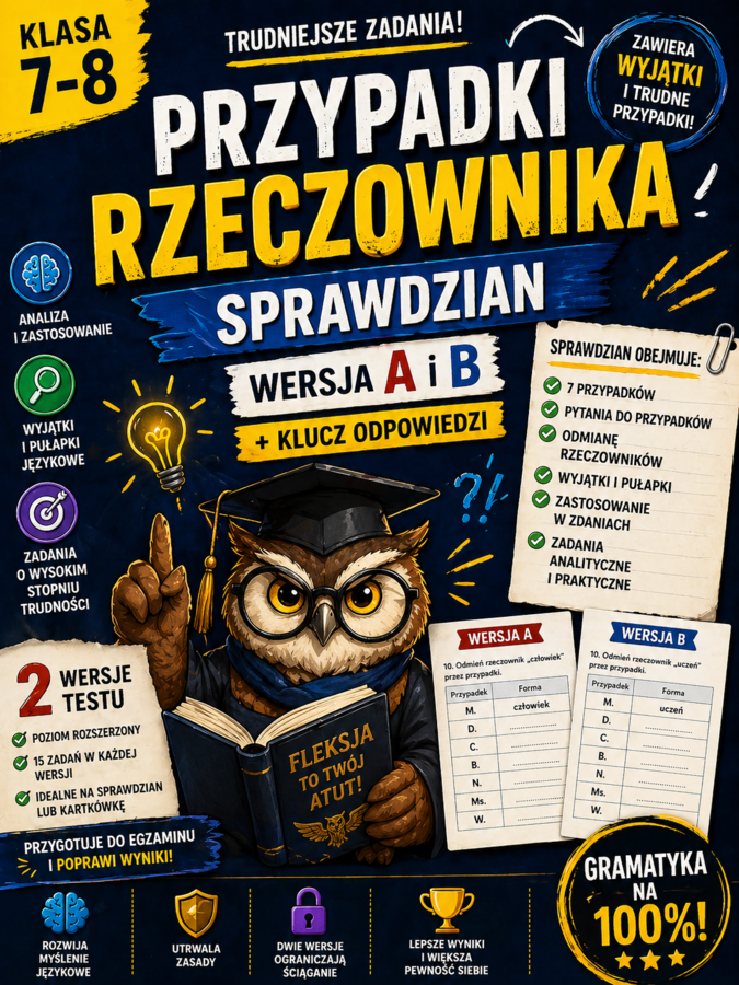 Przypadki rzeczownika – sprawdzian kl. 7–8 | wersja A i B + klucz odpowiedzi