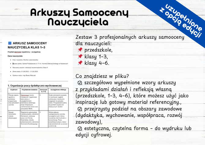 ARKUSZ SAMOOCENY NAUCZYCIELA przedszkole, klasy 1–3, klasy 4–6.