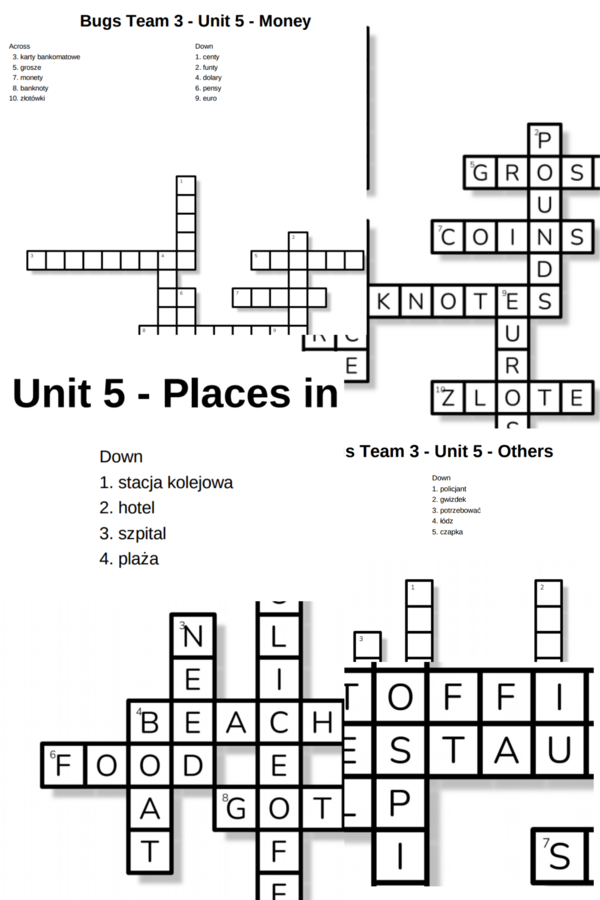 Bugs Team 3 – Unit 5 – krzyżówki – Places in Town/Money/Other