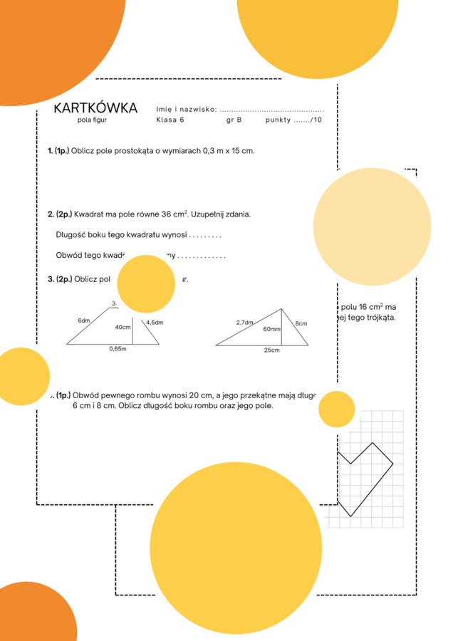 Kartkówka - pola figur. Pola wielokątów. Klasa 6