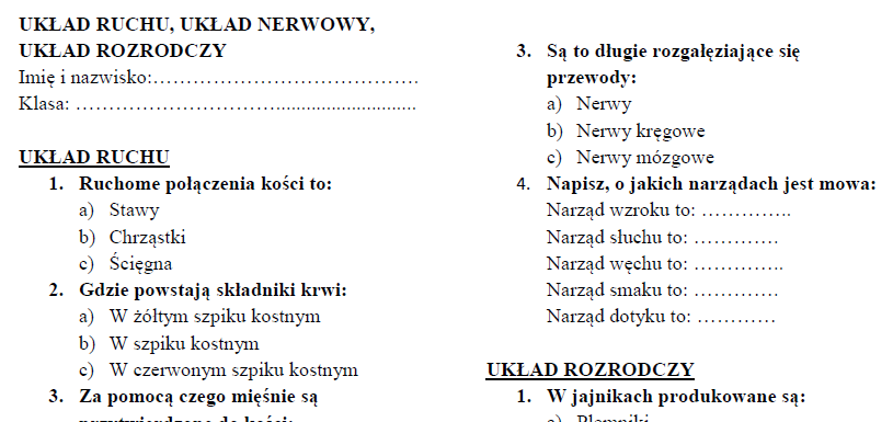 Układ ruchu, układ nerwowy, układ rozrodczy-sprawdzian