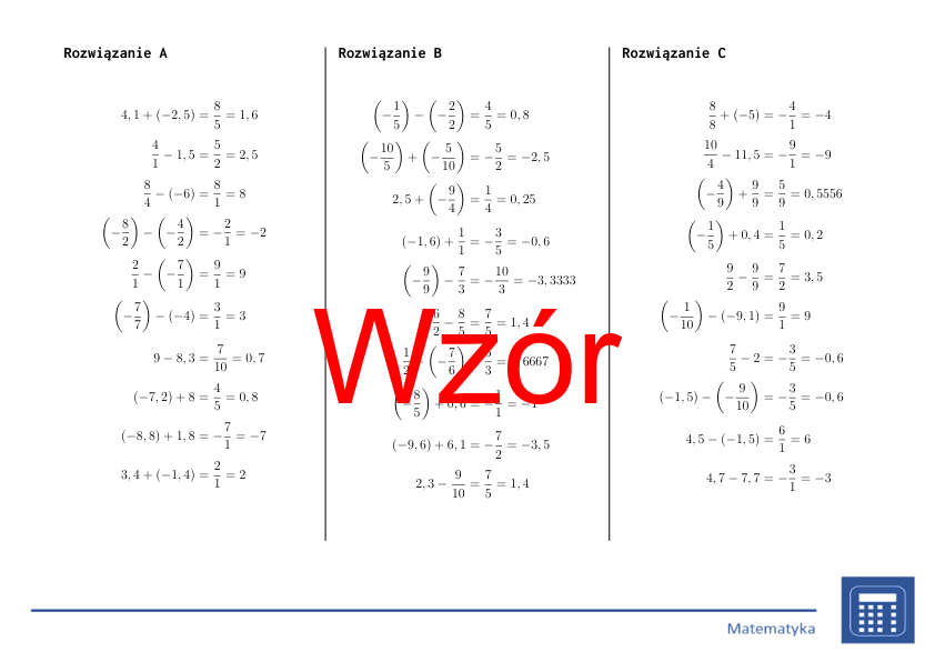 Dodawanie i odejmowanie liczb wymiernych | matematyka | 26 kolumn