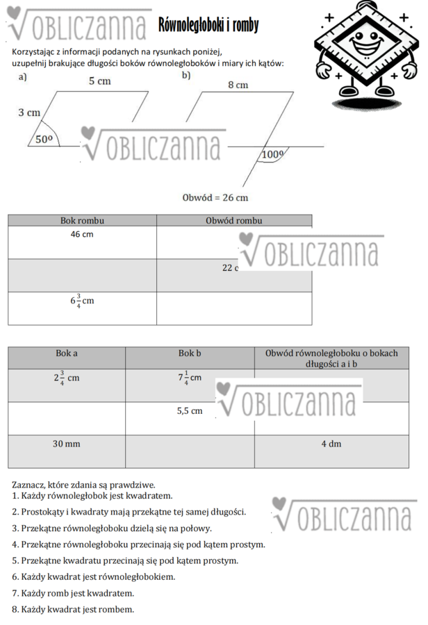 Równoległoboki, romby, prostokąty, kwadraty - karta pracy