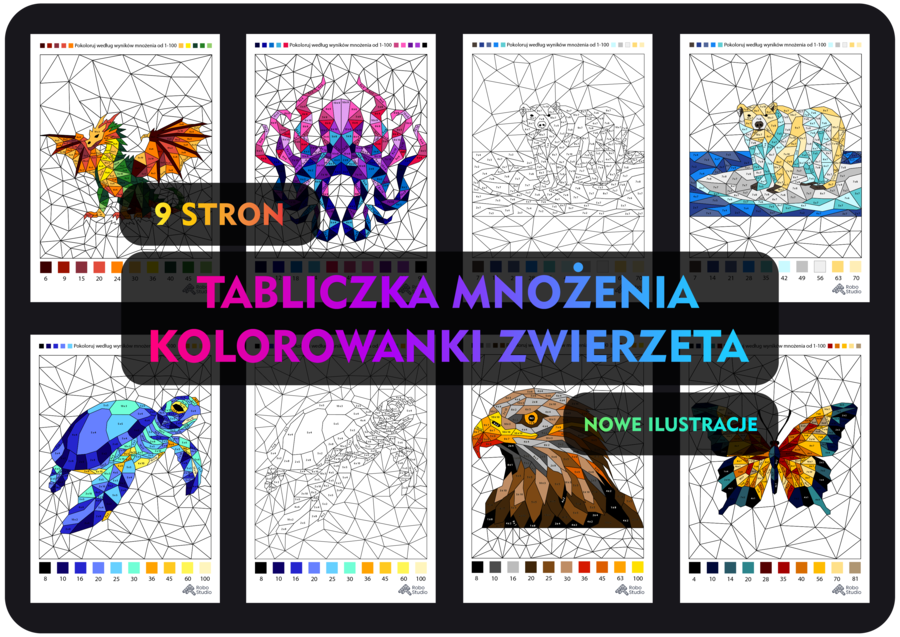 Kolorowanka według wyników mnożenia - VOL 2- (9 stron) poziom trudny, zestaw podstawowy na dzień tabliczki mnożenia, mnożenie 1-100, wielokrotności