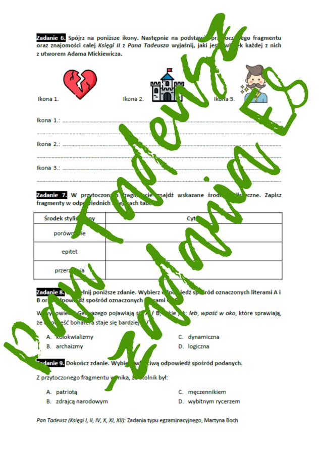 E8 „Pan Tadeusz” (fragmenty) *ZBIÓR ZADAŃ EGZAMINACYJNYCH* – wymagania 2024/2025 i 2025/2026
