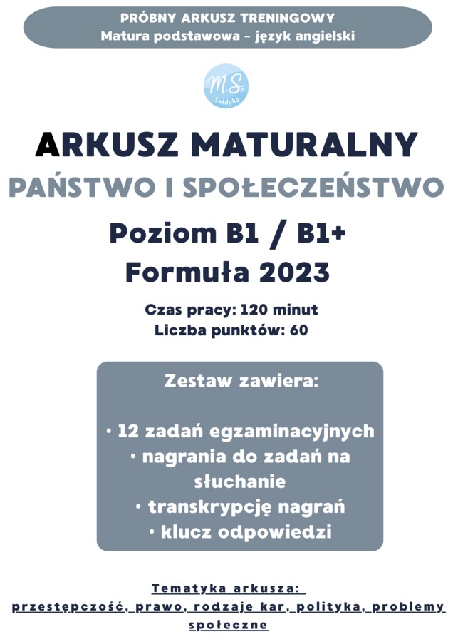 Autorski arkusz maturalny- język angielski-PAŃSTWO I SPOŁECZEŃSTWO (B1/B1+)- Formuła 2023