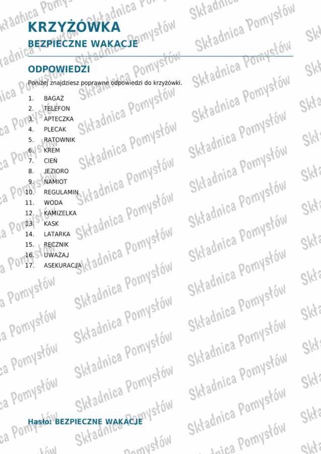 BEZPIECZNE WAKACJE - krzyżówka (karta pracy) dla klas 1-5; lekcja wychowawcza; bezpieczeństwo