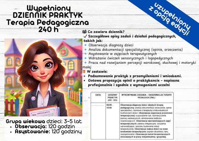 WYPEŁNIONY DZIENNIKA PRAKTYK – TERAPIA PEDAGOGICZNA 240h