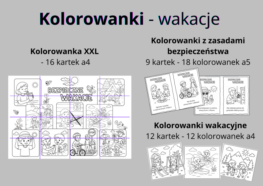 Wakacje - 30 kolorowanek dla dzieci - duża kolorowanka XXL, kolorowanki z zasadami bezpieczeństwa