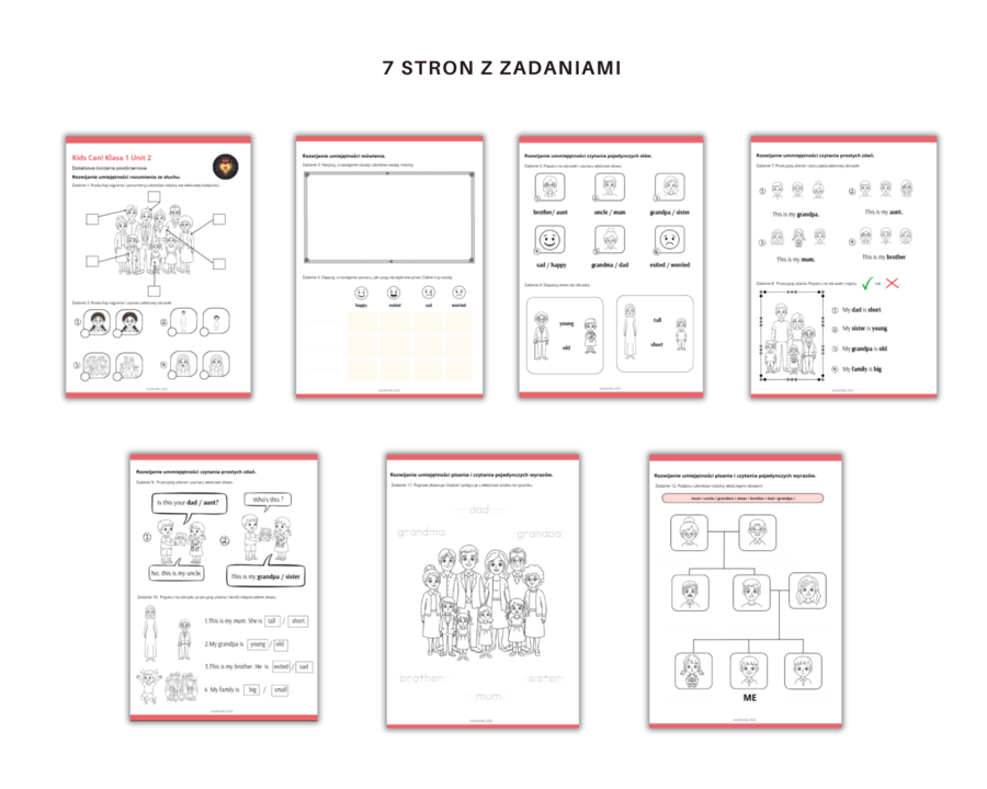 Kids Can 1 Unit 2 Family Karty Pracy Dodatkowe zadania utrwalające Powtórzenie Klasa Pierwsza Członkowie Rodziny Zadania Słuchanie Czytanie Mówienie Pisanie