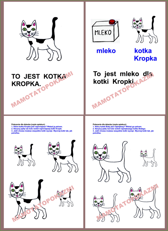 DZIEŃ KOTA. Proste zdania do czytania. Proste rysowanki. PDF do samodzielnego wydruku.