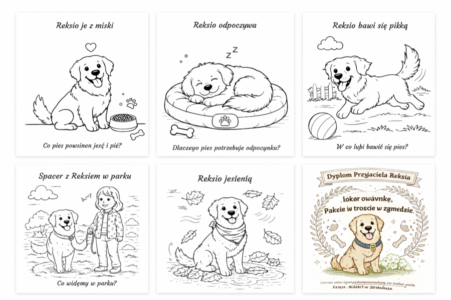 Kolorowanka: Reksio w domu i w ogrodzie