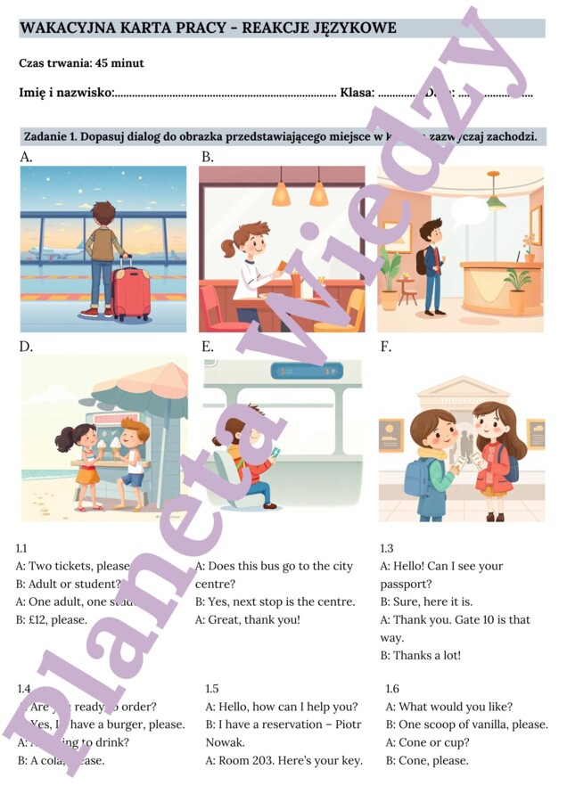 🌞WAKACYJNE REAKCJE JĘZYKOWE🌞- KARTA PRACY – SUMMER HOLIDAY - KLASY 4-8 SZKOŁY PODSTAWOWEJ- PRZYKŁADOWE DIALOGI NA WAKACJACH, NA LOTNISKU, W RESTAURACJI ITP., PYTANIA I SLOWNICTWO POTRZEBNE W PODRÓŻY, BUDOWANIE WŁASNYCH DIALOGÓW+ ODPOWIEDZI