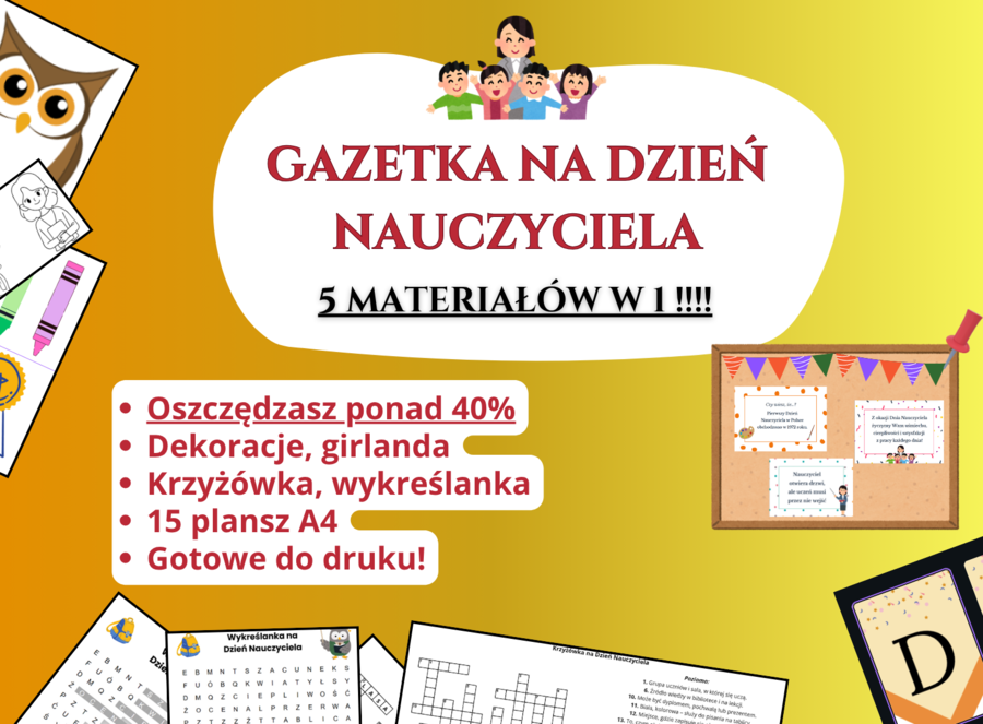 📚 Gotowa gazetka na Dzień Nauczyciela – zestaw 5 w 1, Szkoła podstawowa • Świetlica • Godzina wychowawcza, wykreślanka, krzyżówka, gazetka, klasy 1-8,