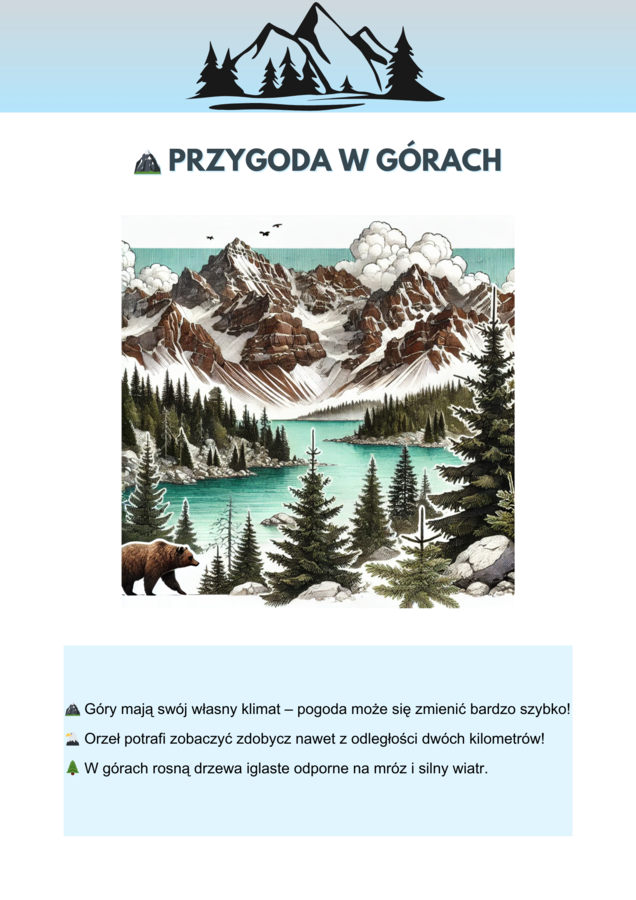 Kolorowe plakaty. Różne ekosystemy. Las, Jezioro, Góry, Łąka, Morze.