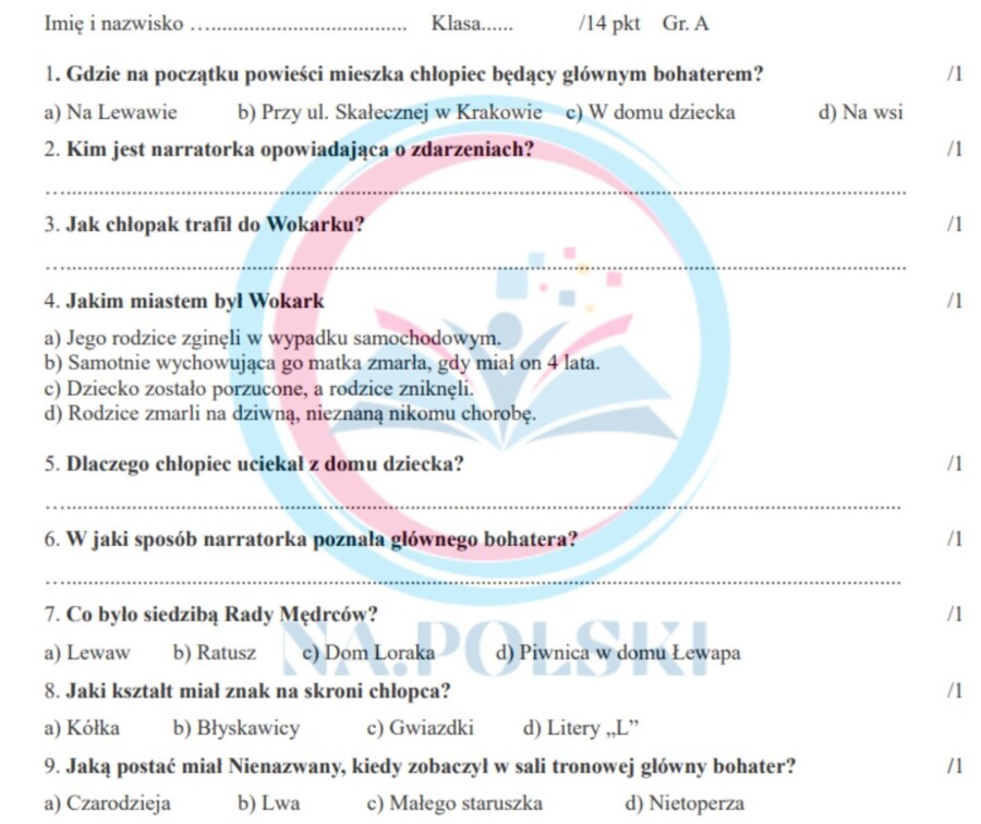 Władca Lewawu - kartkówka z treści lektury