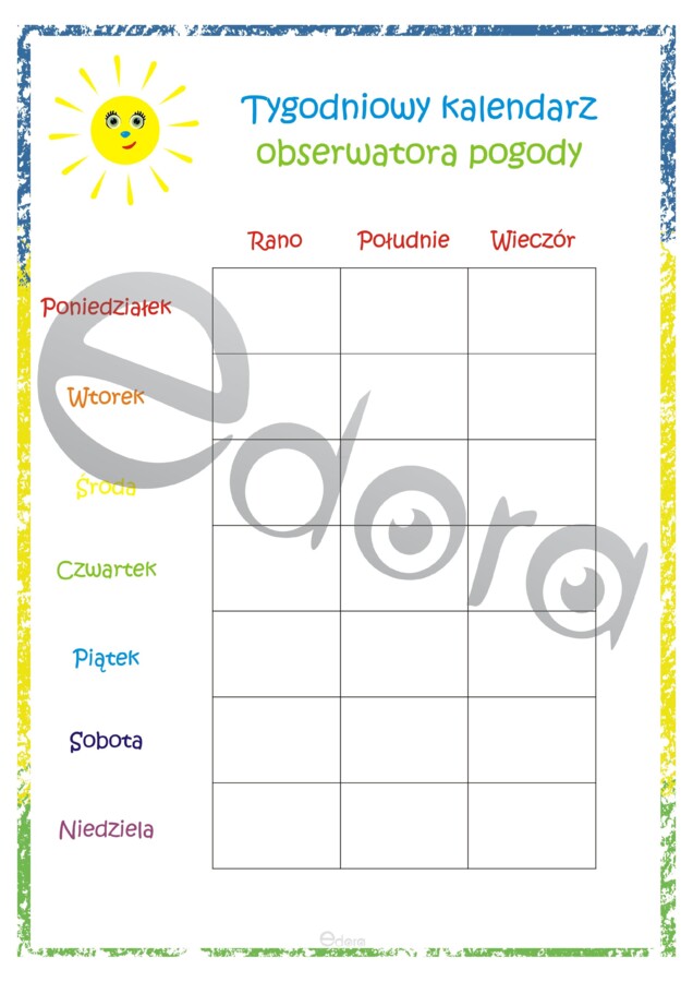 Przedszkole. Tygodniowy kalendarz obserwatora pogody z naklejkami