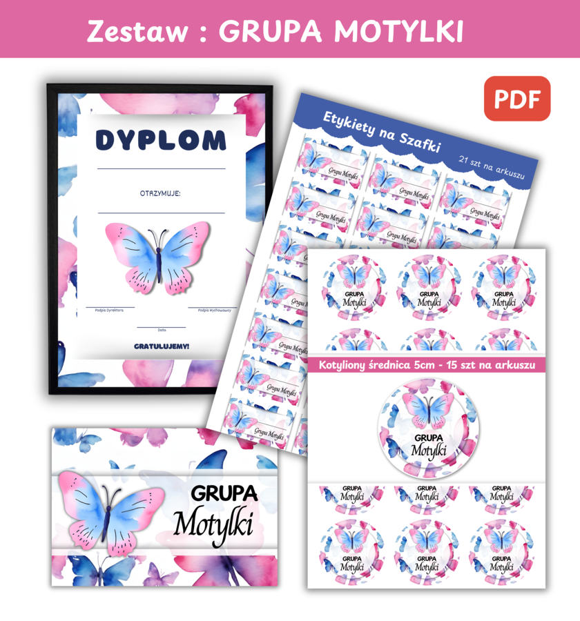 Zestaw Etykiety, Medaliony, Dyplom, Naklejka z nazwą grupy - Dla Grupy Motylki