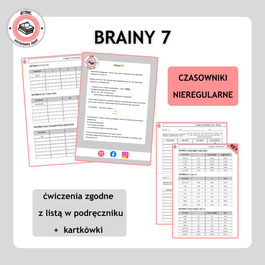 Czasowniki nieregularne - ćwiczenia i kartkówki  (Brainy 7)